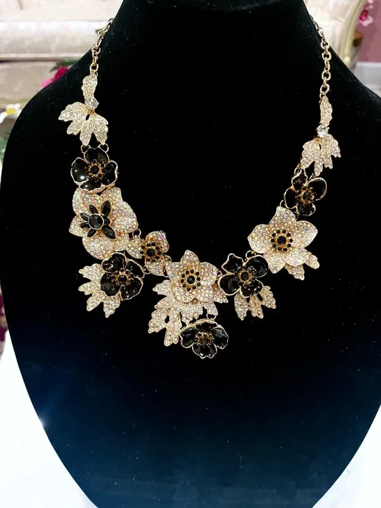Natasha Couture Gold and Black Floral Crystal Statement Necklace - Picture 4 of 9